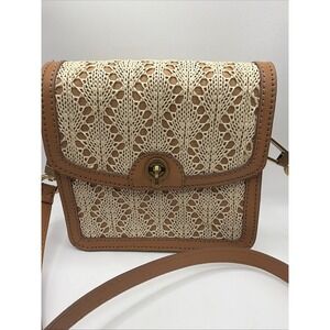 Fossil Small Crossbody Bag Brown Leather Trim Crochet Boho Purse
